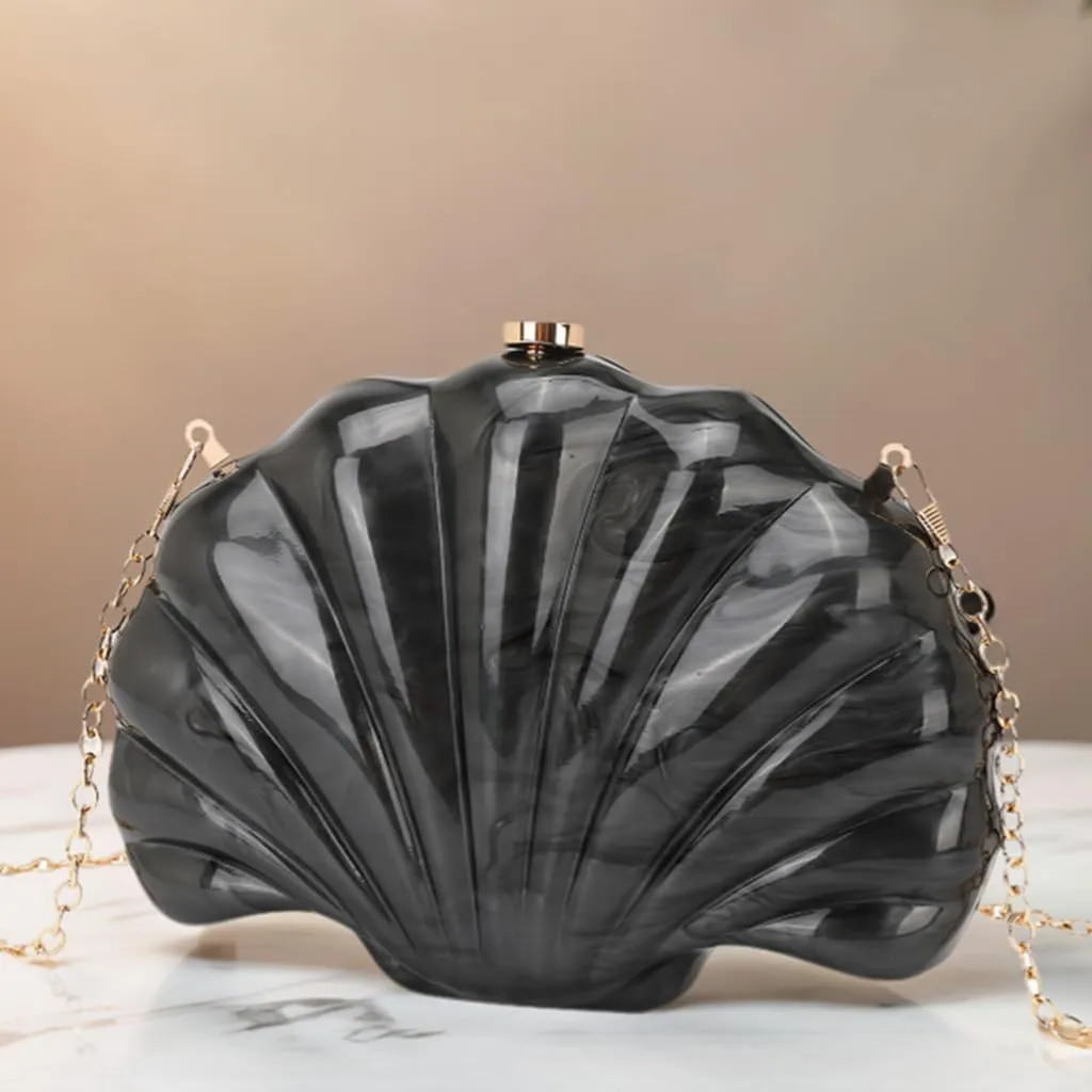 Women Acrylic Marbled Shell-Shaped Clutch Purse Luxury Metal Chain Bride Evening Bag for Casual Wear Dating Wedding