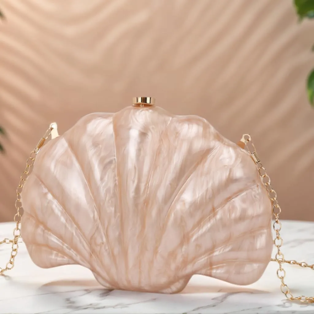 Women Acrylic Marbled Shell-Shaped Clutch Purse Luxury Metal Chain Bride Evening Bag for Casual Wear Dating Wedding