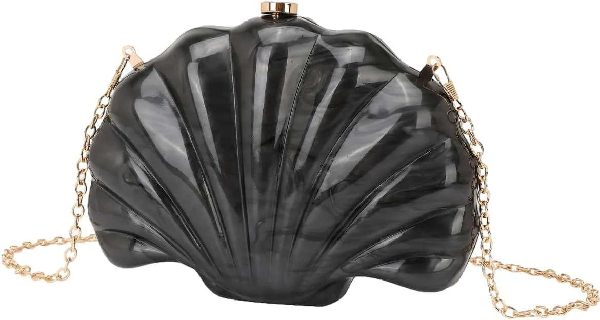Women Acrylic Marbled Shell-Shaped Clutch Purse Luxury Metal Chain Bride Evening Bag for Casual Wear Dating Wedding