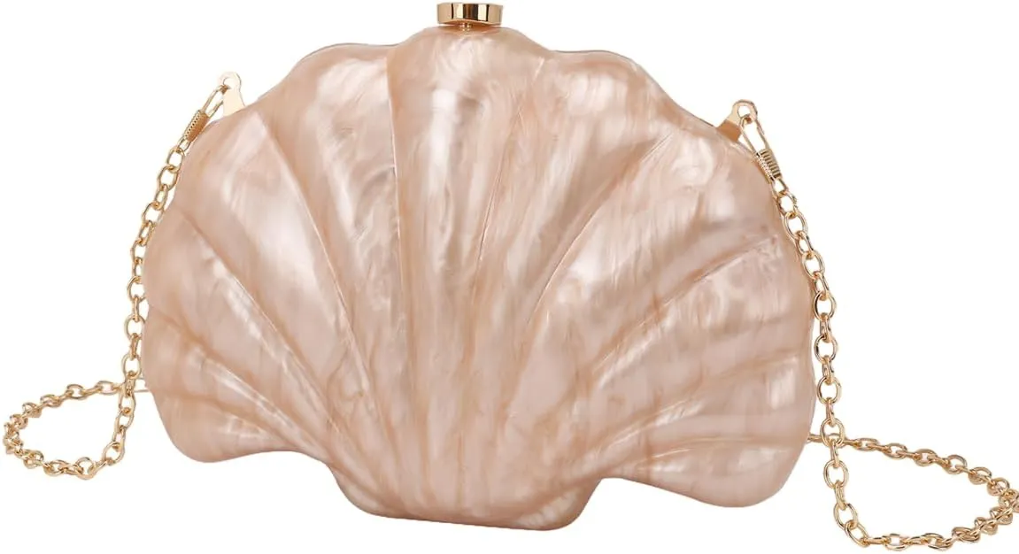 Women Acrylic Marbled Shell-Shaped Clutch Purse Luxury Metal Chain Bride Evening Bag for Casual Wear Dating Wedding