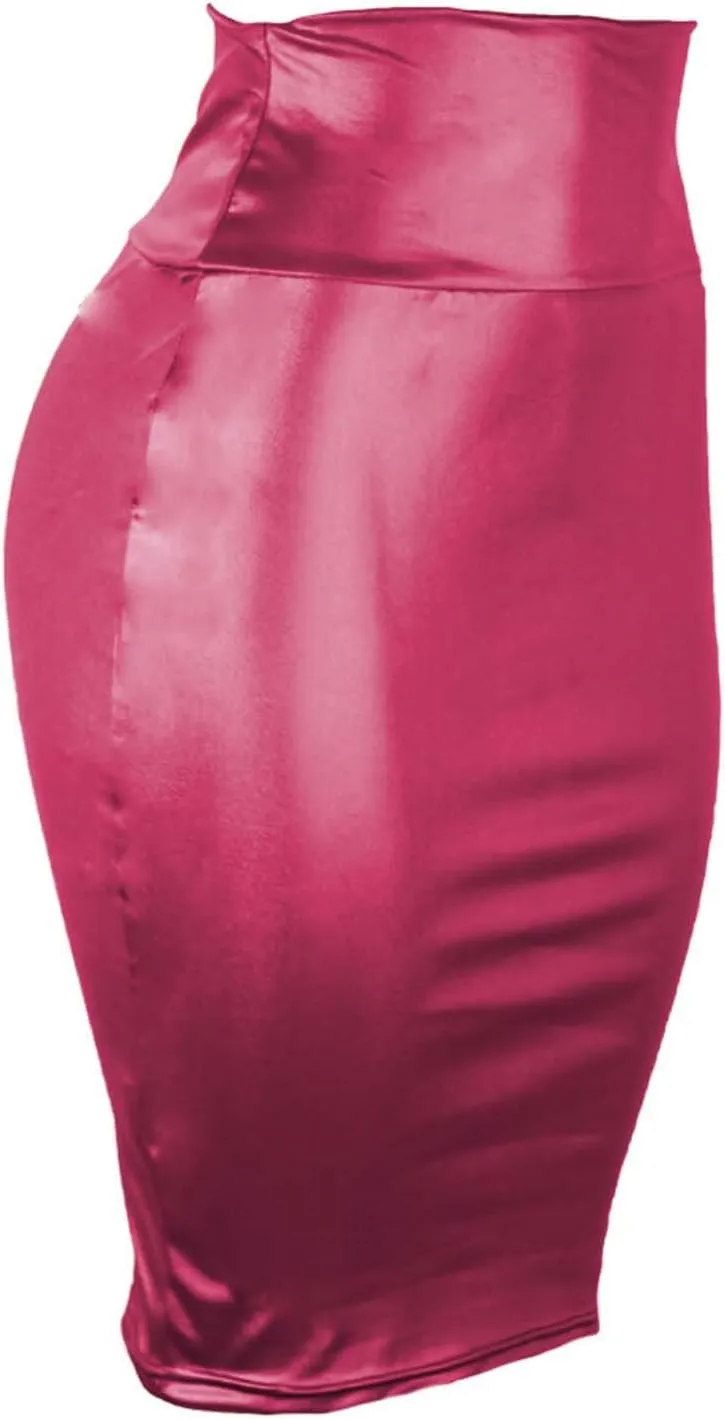 Women Bodycon Pencil Midi Skirts Elastic High Waisted Stretchy Leather Work Skirt Slim Fit Business Office Dress