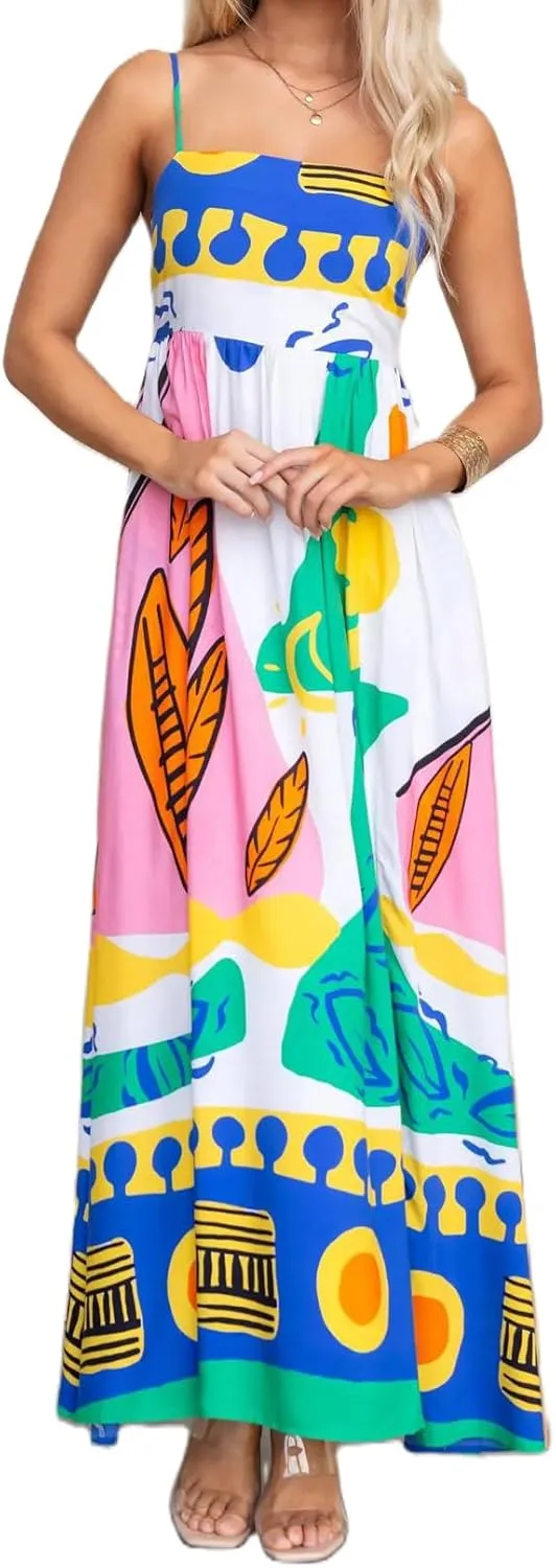 Women Boho Cami Long Dress Graphic Spaghetti Strap Flowy Maxi Dress Summer A Line Beach Vacation Sundress