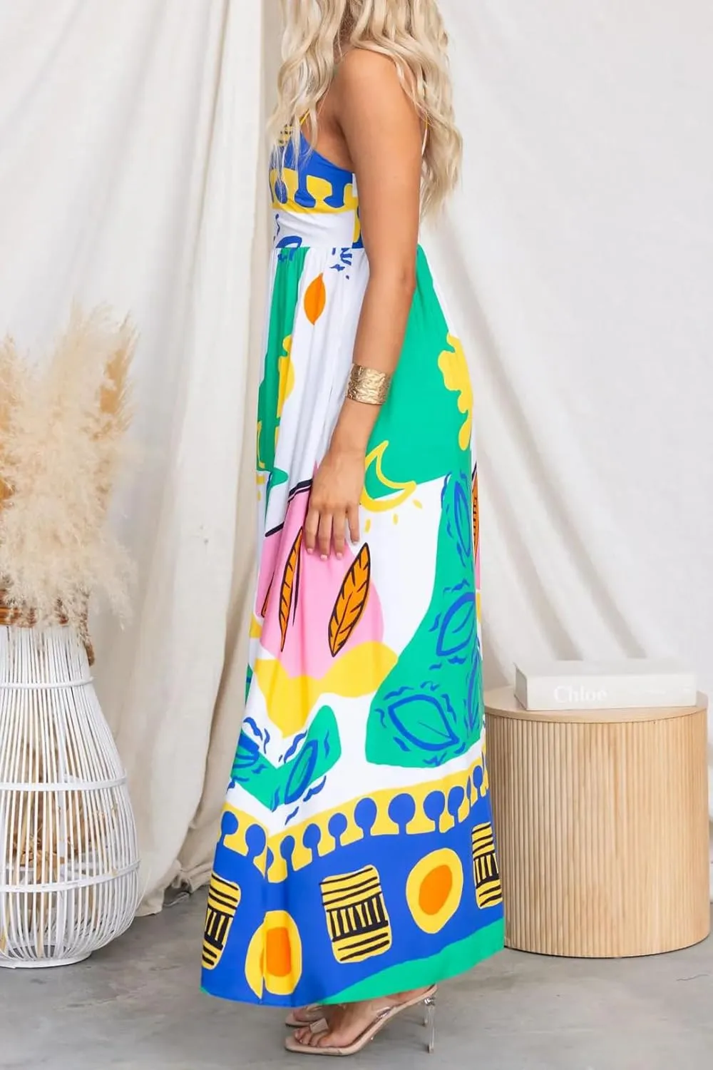 Women Boho Cami Long Dress Graphic Spaghetti Strap Flowy Maxi Dress Summer A Line Beach Vacation Sundress
