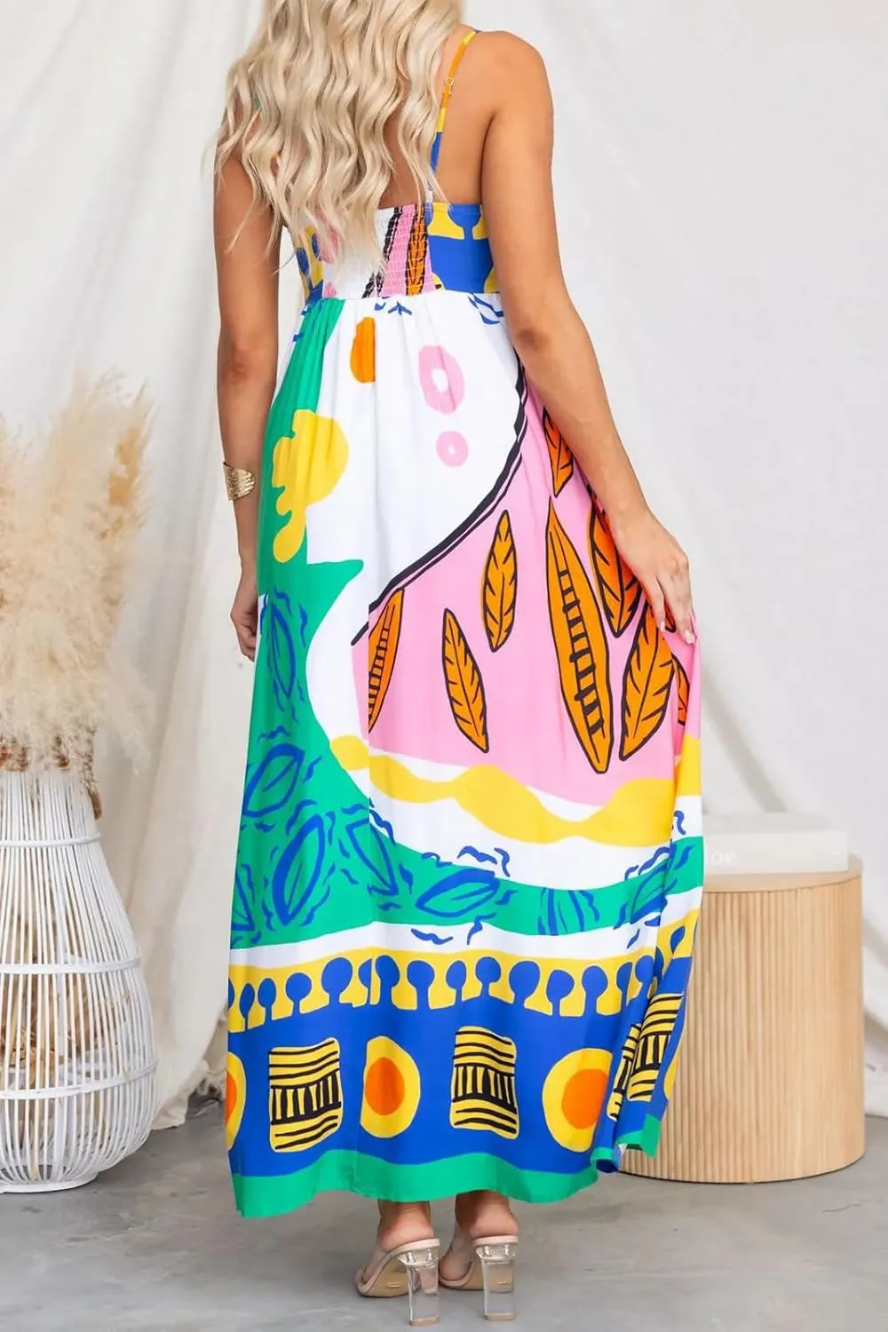 Women Boho Cami Long Dress Graphic Spaghetti Strap Flowy Maxi Dress Summer A Line Beach Vacation Sundress