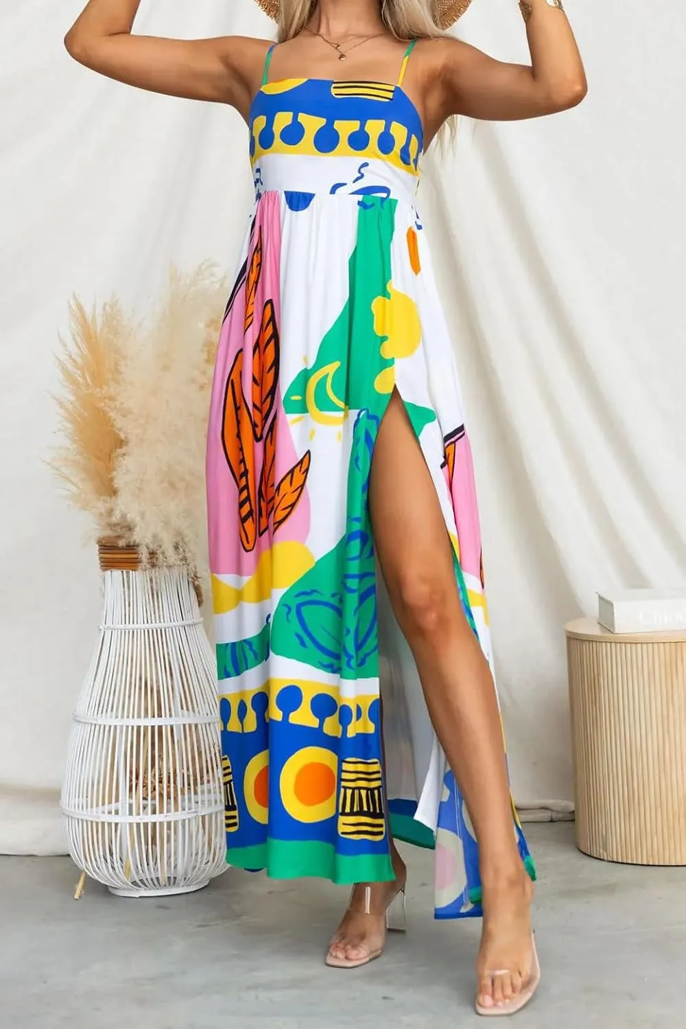 Women Boho Cami Long Dress Graphic Spaghetti Strap Flowy Maxi Dress Summer A Line Beach Vacation Sundress