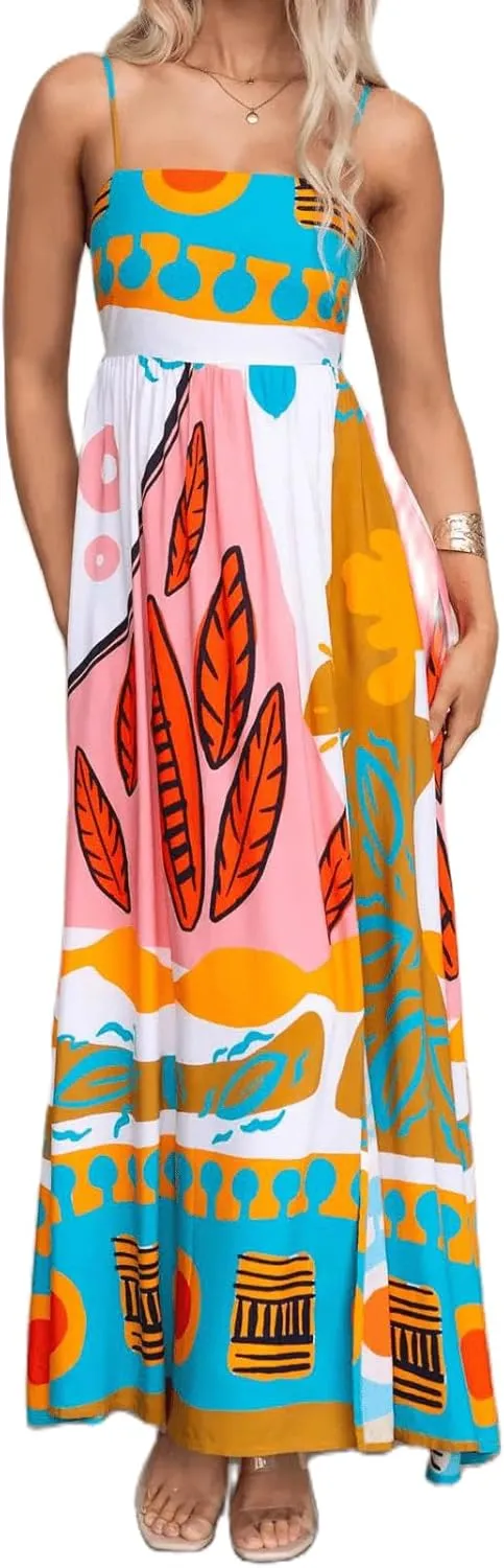 Women Boho Cami Long Dress Graphic Spaghetti Strap Flowy Maxi Dress Summer A Line Beach Vacation Sundress