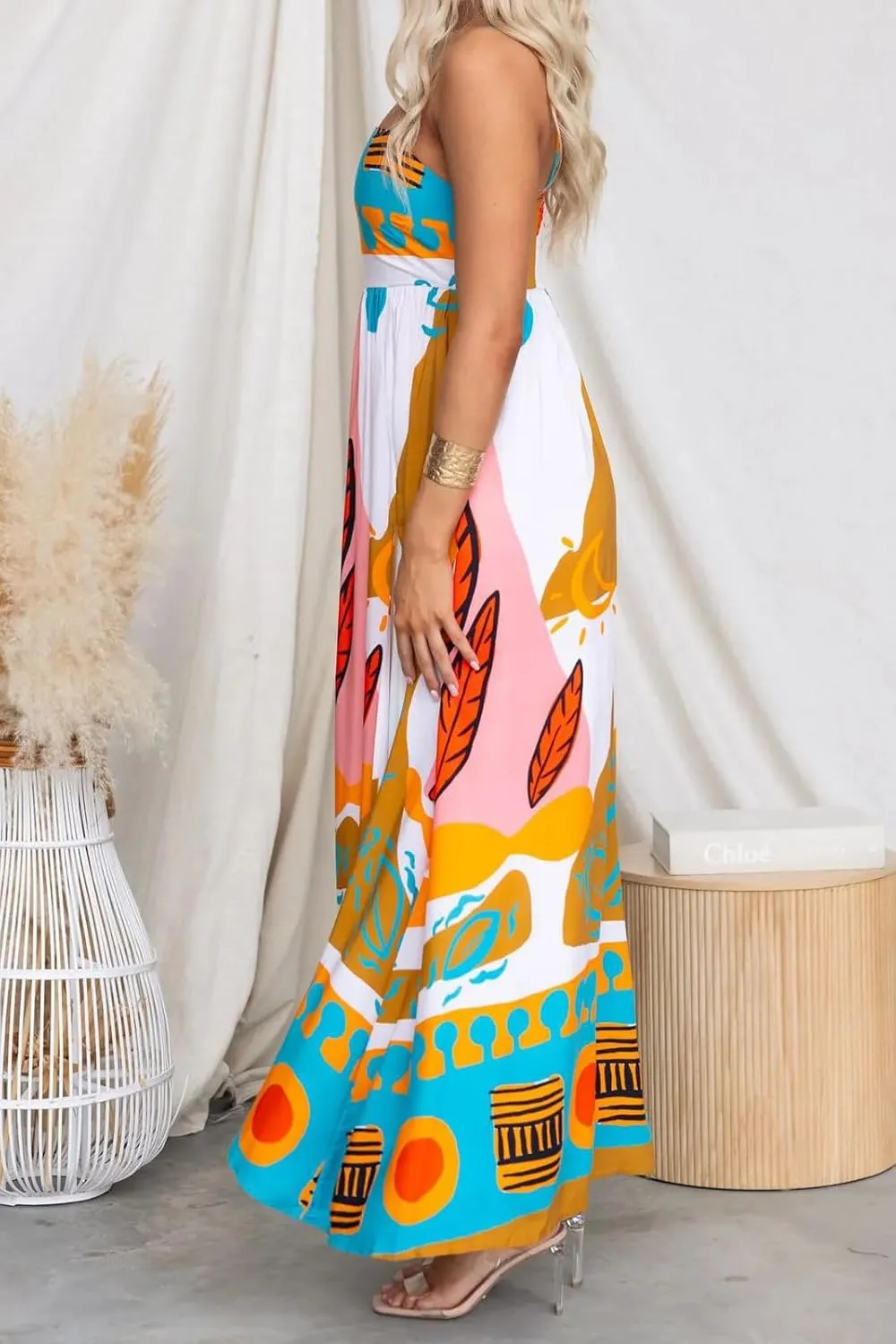 Women Boho Cami Long Dress Graphic Spaghetti Strap Flowy Maxi Dress Summer A Line Beach Vacation Sundress