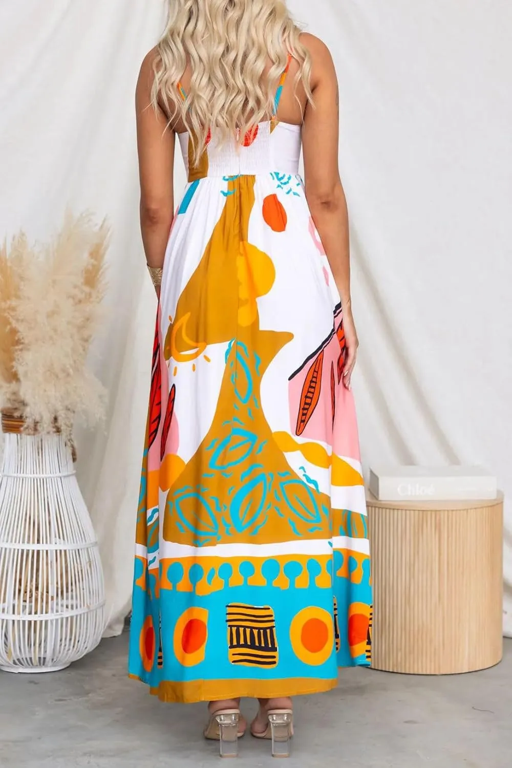 Women Boho Cami Long Dress Graphic Spaghetti Strap Flowy Maxi Dress Summer A Line Beach Vacation Sundress