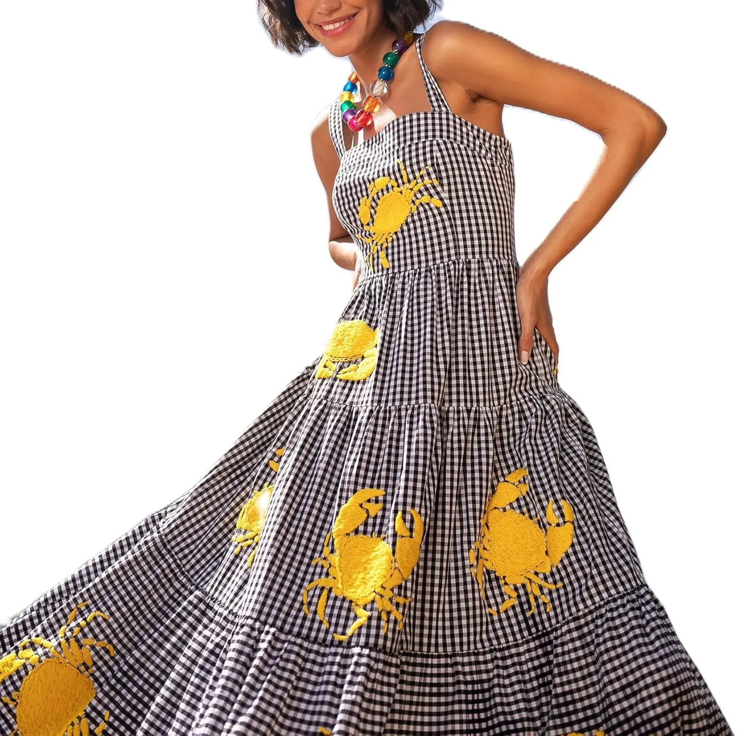 Women Boho Embroidered Cami Long Dress Sleeveless Cute Graphic Swing Maxi Dress Square Neck Flowy A Line Sundress