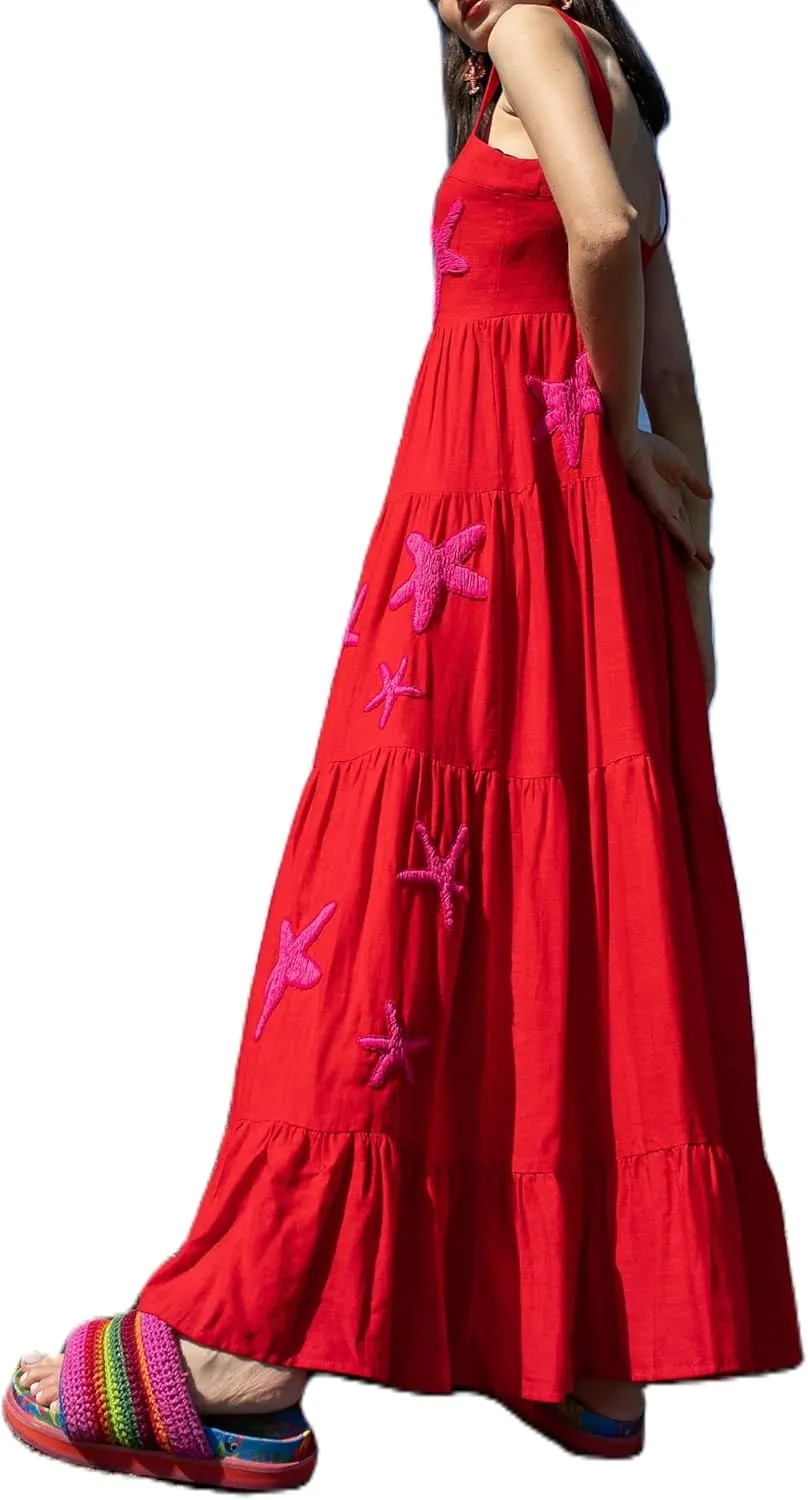 Women Boho Embroidered Cami Long Dress Sleeveless Cute Graphic Swing Maxi Dress Square Neck Flowy A Line Sundress