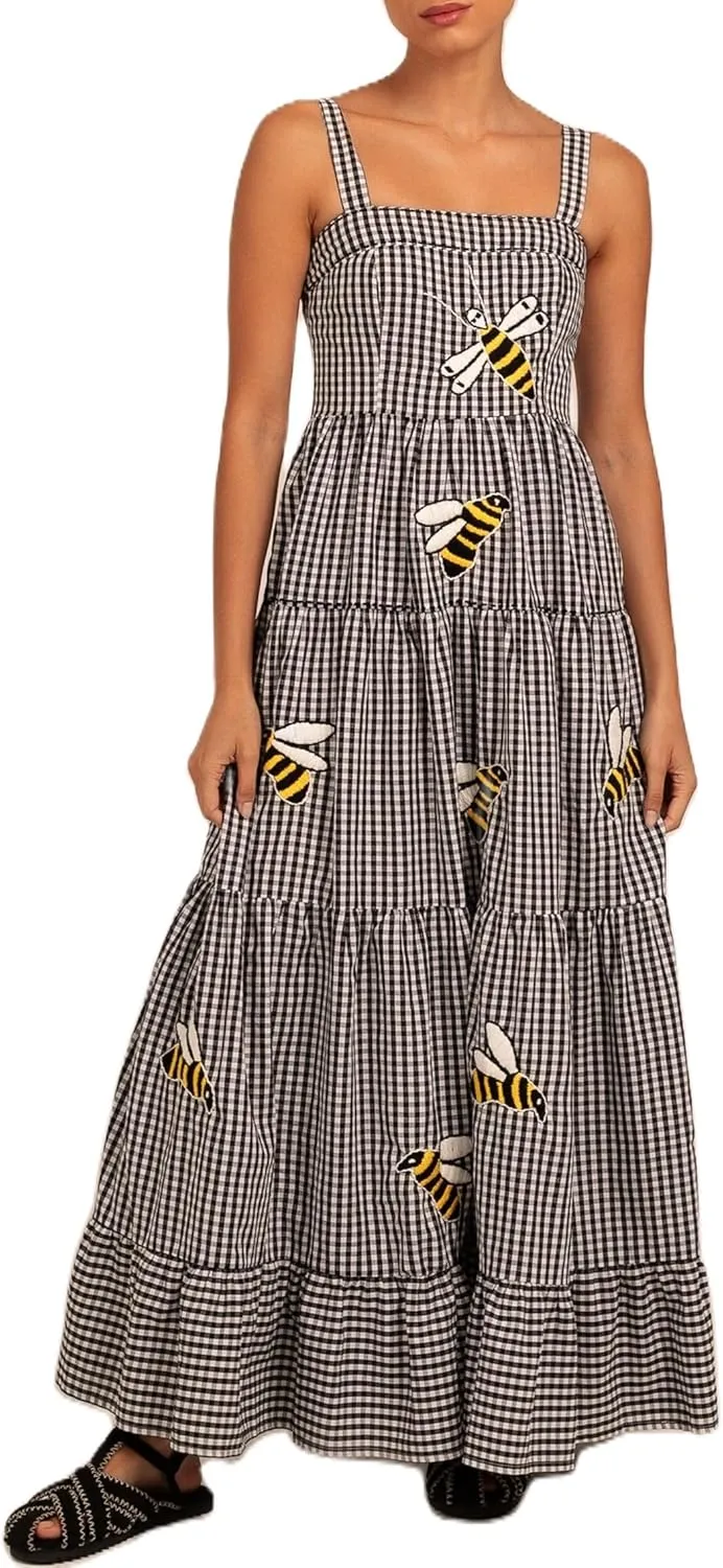 Women Boho Embroidered Cami Long Dress Sleeveless Cute Graphic Swing Maxi Dress Square Neck Flowy A Line Sundress