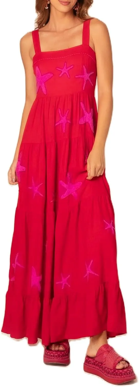 Women Boho Embroidered Cami Long Dress Sleeveless Cute Graphic Swing Maxi Dress Square Neck Flowy A Line Sundress