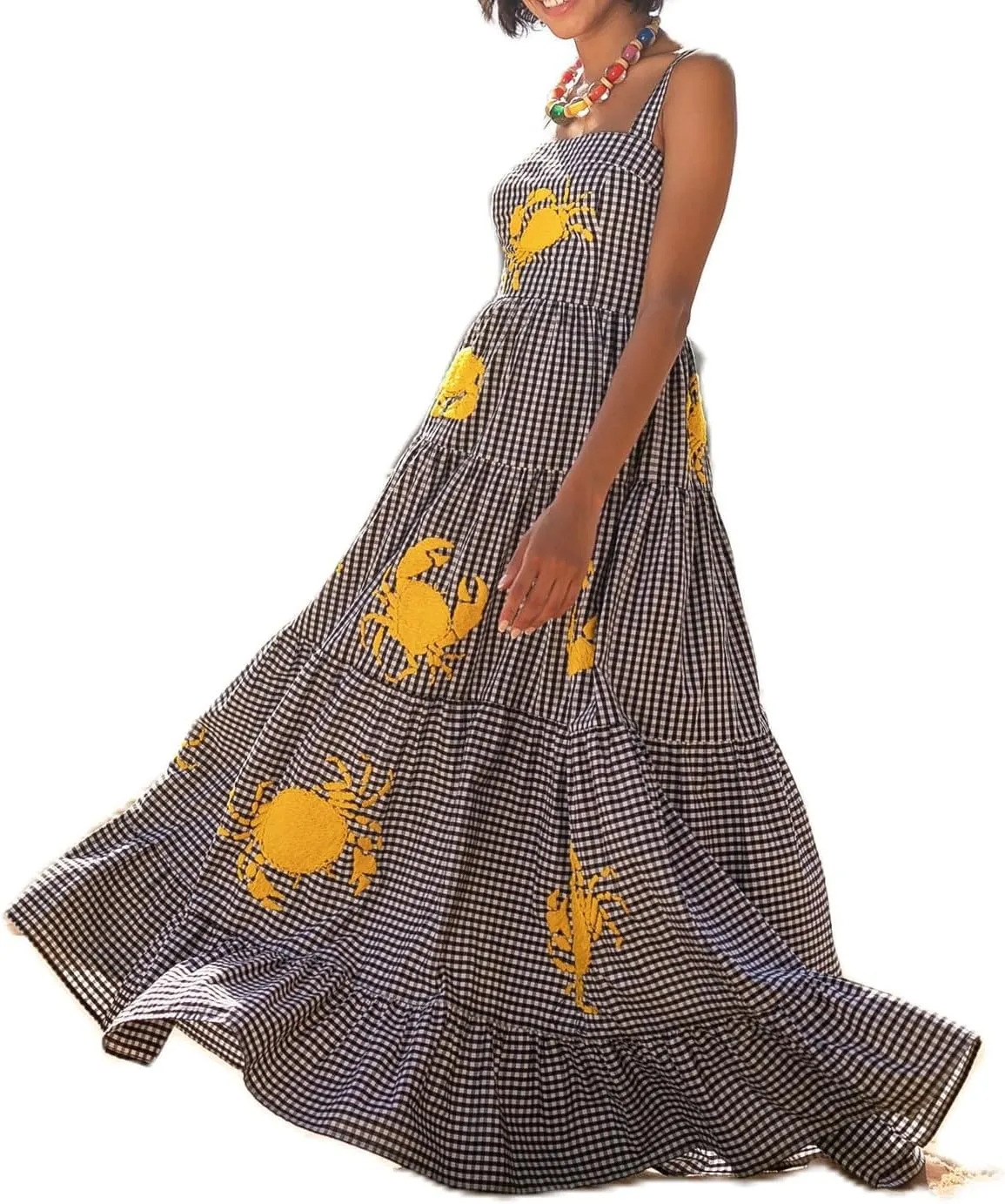 Women Boho Embroidered Cami Long Dress Sleeveless Cute Graphic Swing Maxi Dress Square Neck Flowy A Line Sundress