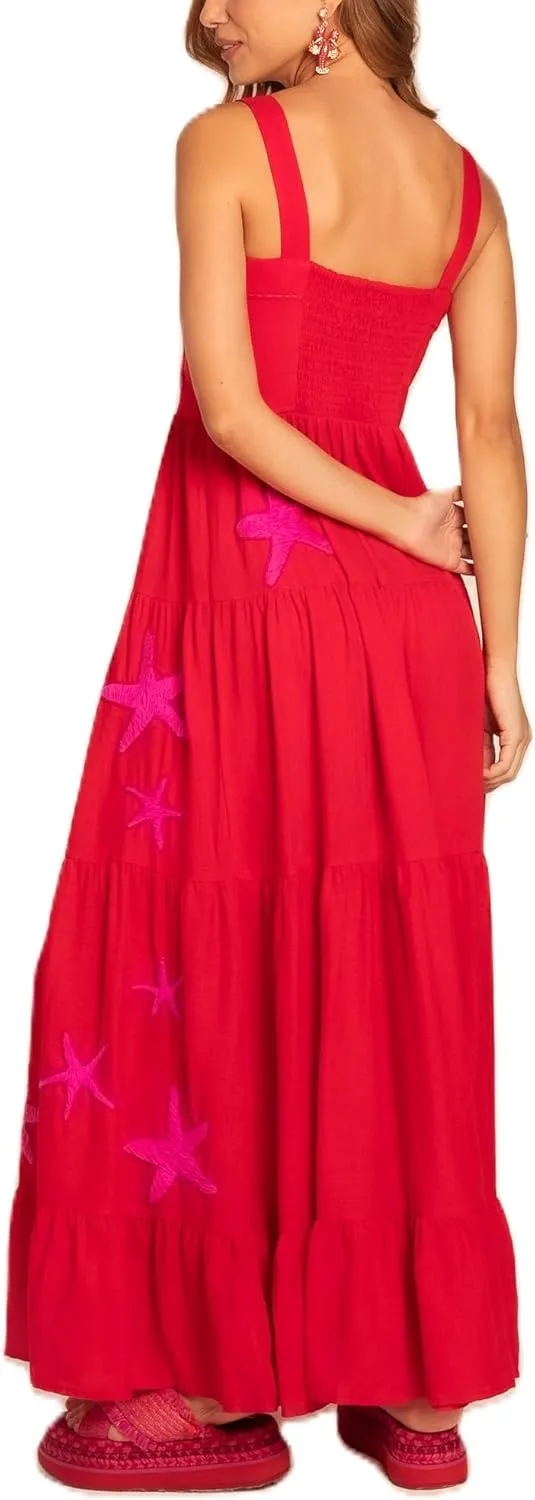 Women Boho Embroidered Cami Long Dress Sleeveless Cute Graphic Swing Maxi Dress Square Neck Flowy A Line Sundress