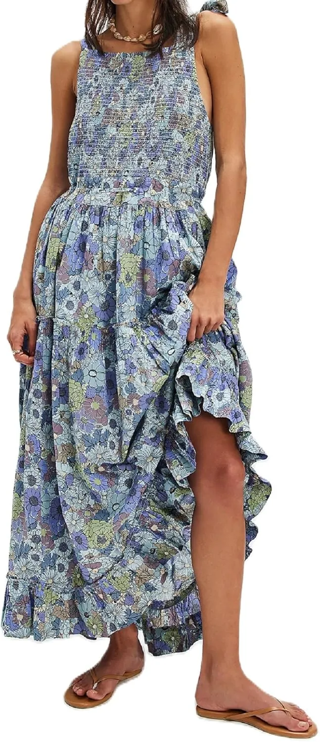 Women Boho Graffiti Cami Long Dress Graphic Spaghetti Strap Flowy Swing Maxi Dress Colorful A Line Sundress