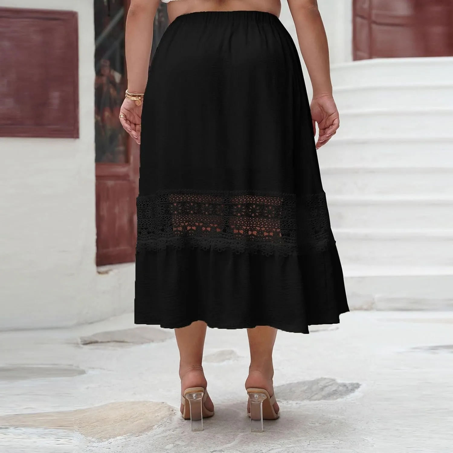 Women Boho Skirts Summer Casual Pleated Mid Calf Length Beach Skirt Flowy Loose Half Dress Vacation Outfits