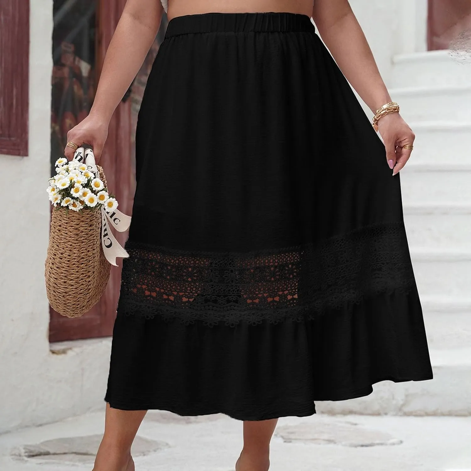 Women Boho Skirts Summer Casual Pleated Mid Calf Length Beach Skirt Flowy Loose Half Dress Vacation Outfits