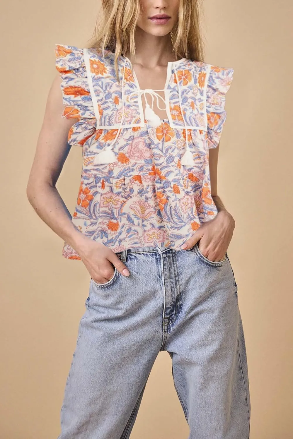 Women Boho Tie Front Peplum Top Floral Print Flowy Fringe Shirt Square Neck Ruffle Tank Top Going Out Blouse Tops