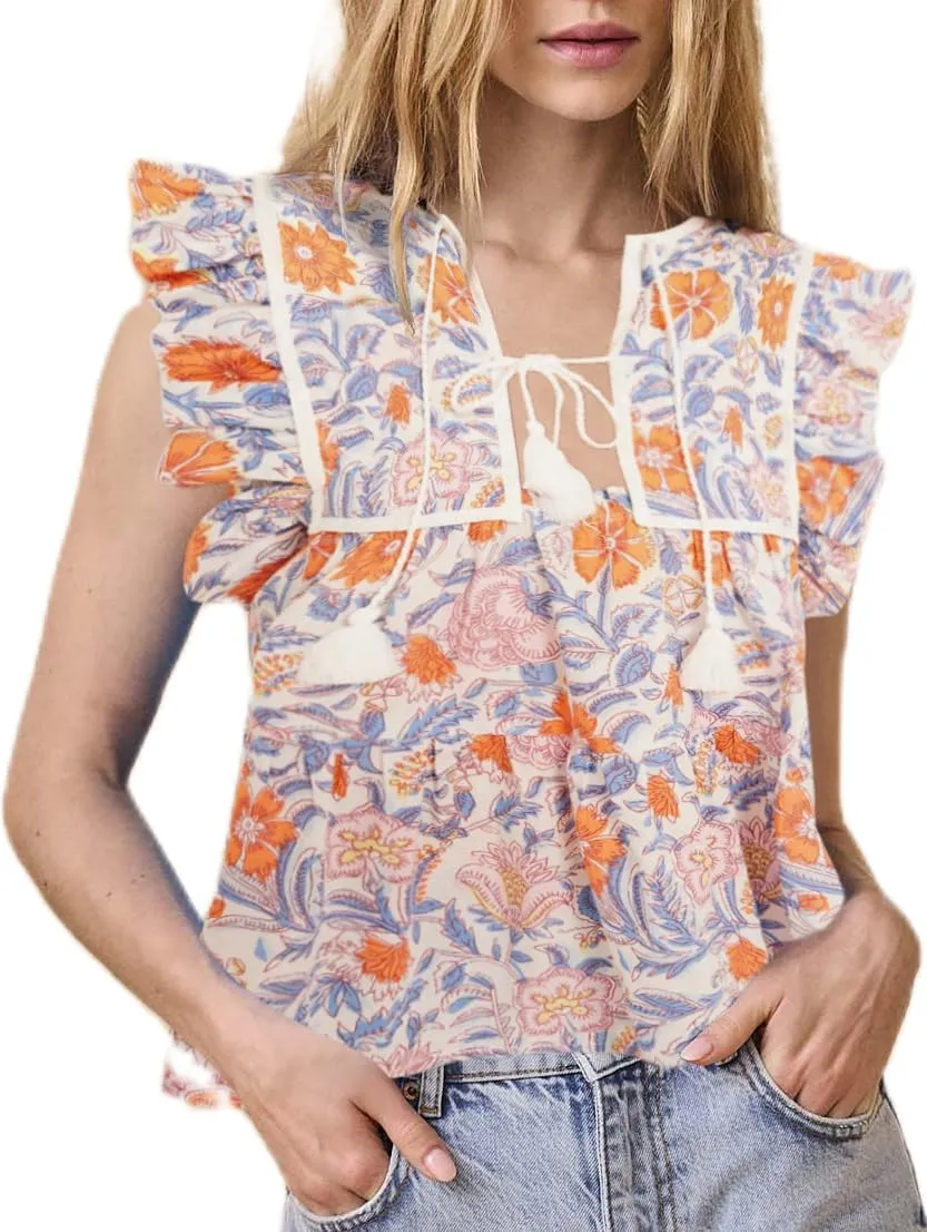 Women Boho Tie Front Peplum Top Floral Print Flowy Fringe Shirt Square Neck Ruffle Tank Top Going Out Blouse Tops