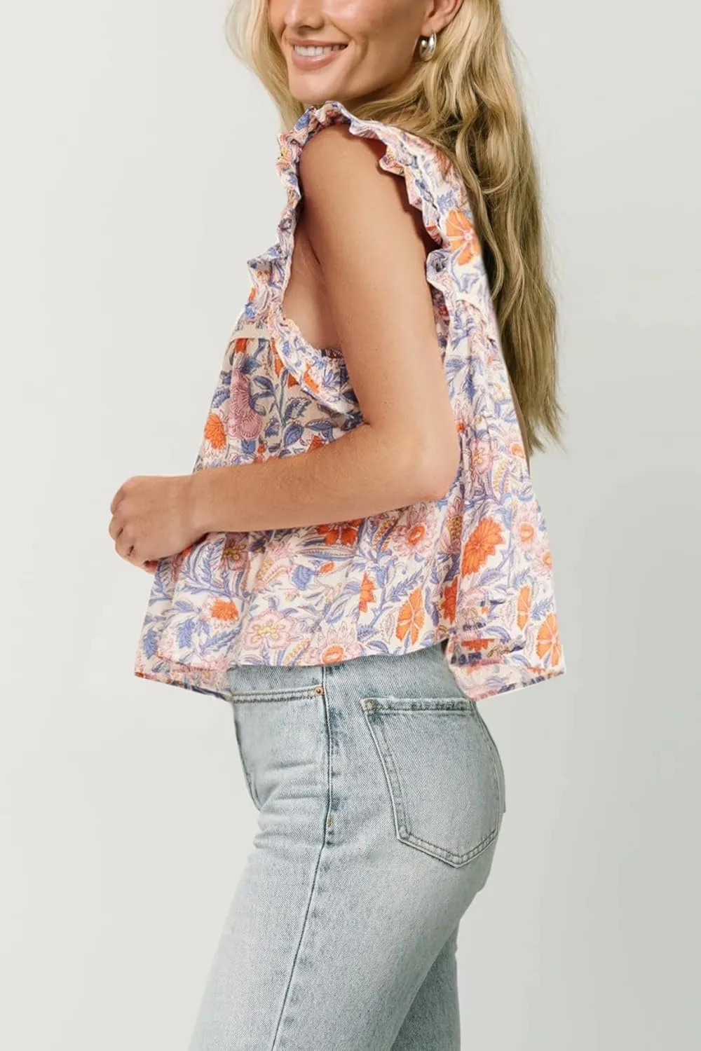 Women Boho Tie Front Peplum Top Floral Print Flowy Fringe Shirt Square Neck Ruffle Tank Top Going Out Blouse Tops