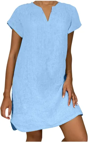 Women Cotton Linen Boho Dress Causal Summer Gauze Dresses Short Sleeve T Shirt Dress Trendy Dressy Ladies Clothing