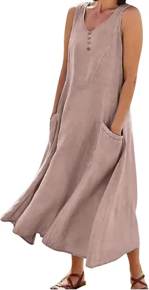 Women Cotton Linen Summer Dresses 2024 Trendy Maxi Dress Flowy Sleeveless Long Sundresses Boho Casual Vacation Clothes