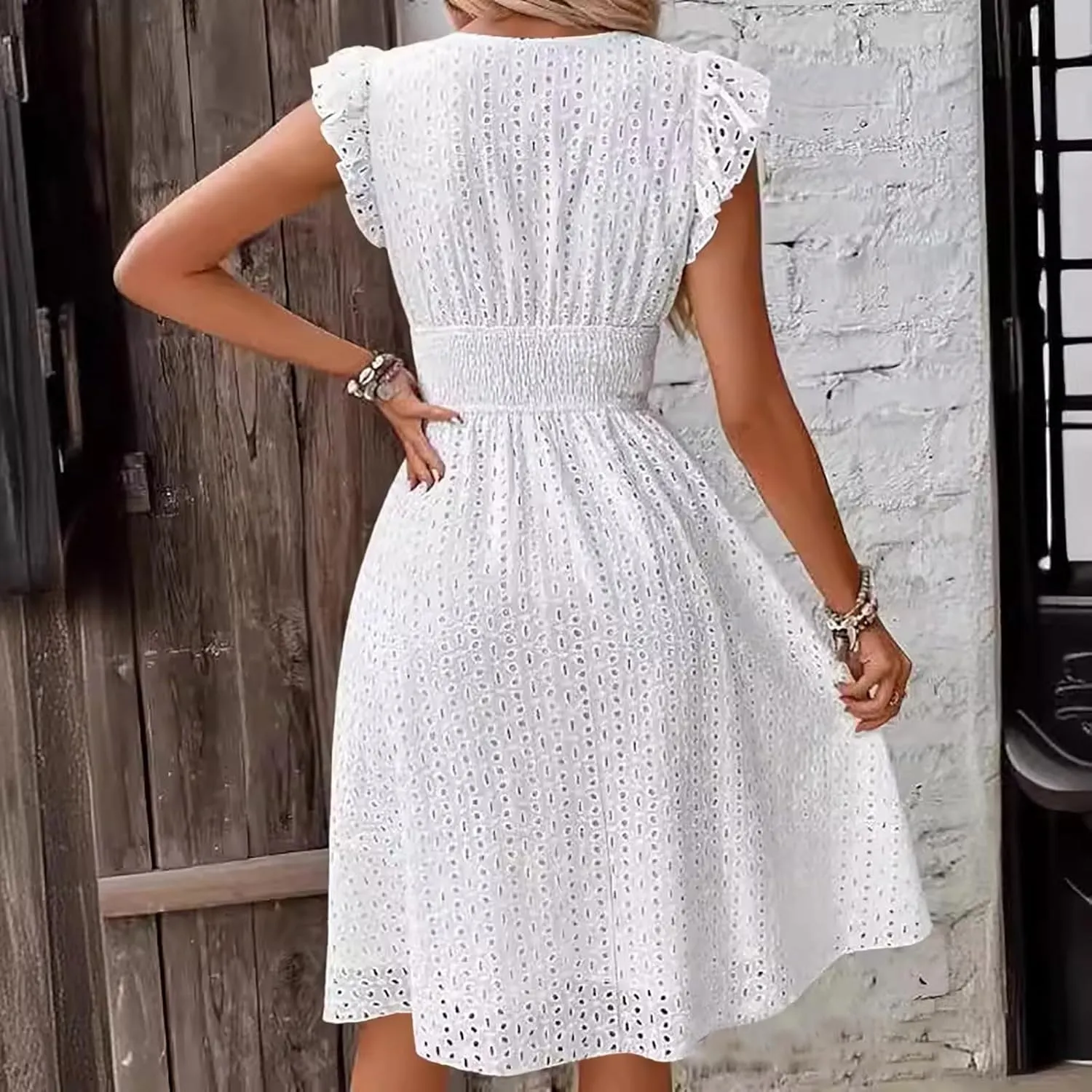 Women Eyelet Dress Midi Flutter Sleeve V Neck Smocked Waist Dresses Summer Sexy A Line Lace Embroidery Sun Dress