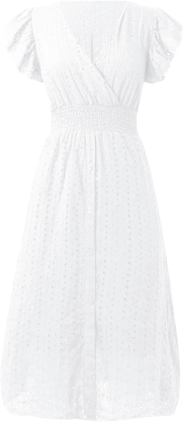 Women Eyelet Dress Midi Flutter Sleeve V Neck Smocked Waist Dresses Summer Sexy A Line Lace Embroidery Sun Dress
