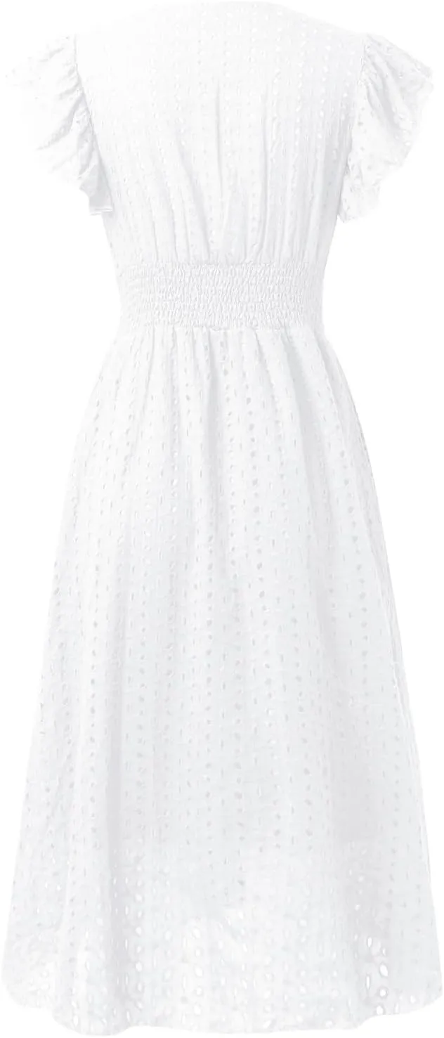 Women Eyelet Dress Midi Flutter Sleeve V Neck Smocked Waist Dresses Summer Sexy A Line Lace Embroidery Sun Dress