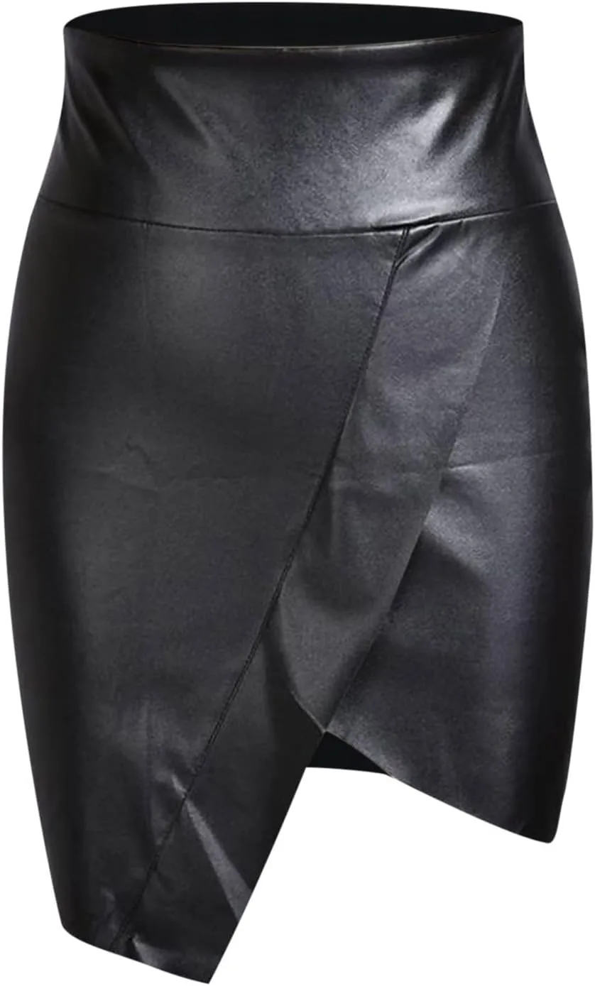 Women Faux PU Skirt High Waist Bodycon Midi Leather Skirt Office Work Mini Pencil Skirt Casual Slim Long Skirt