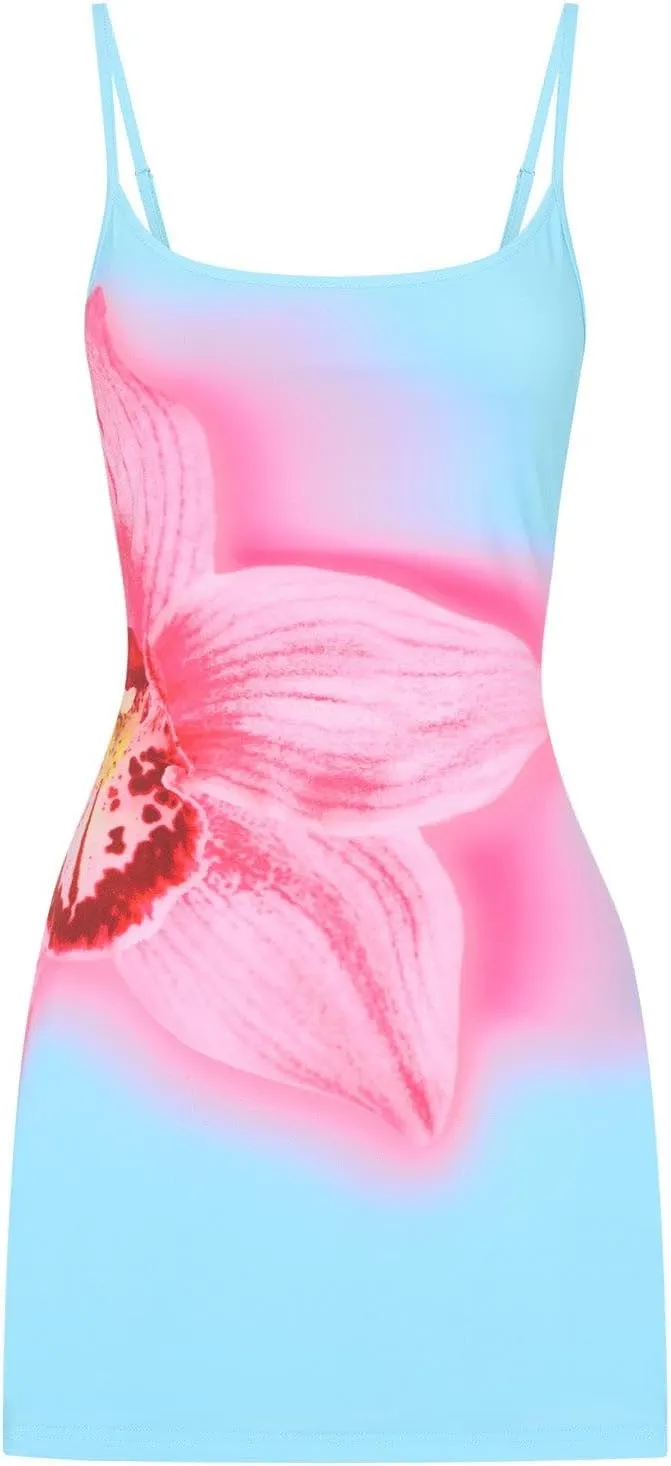 Women Floral Mini Dress Spaghetti Strap Bodycon Square Neck Short Cami Dress Y2k Going Out Vacation Beach Sundress