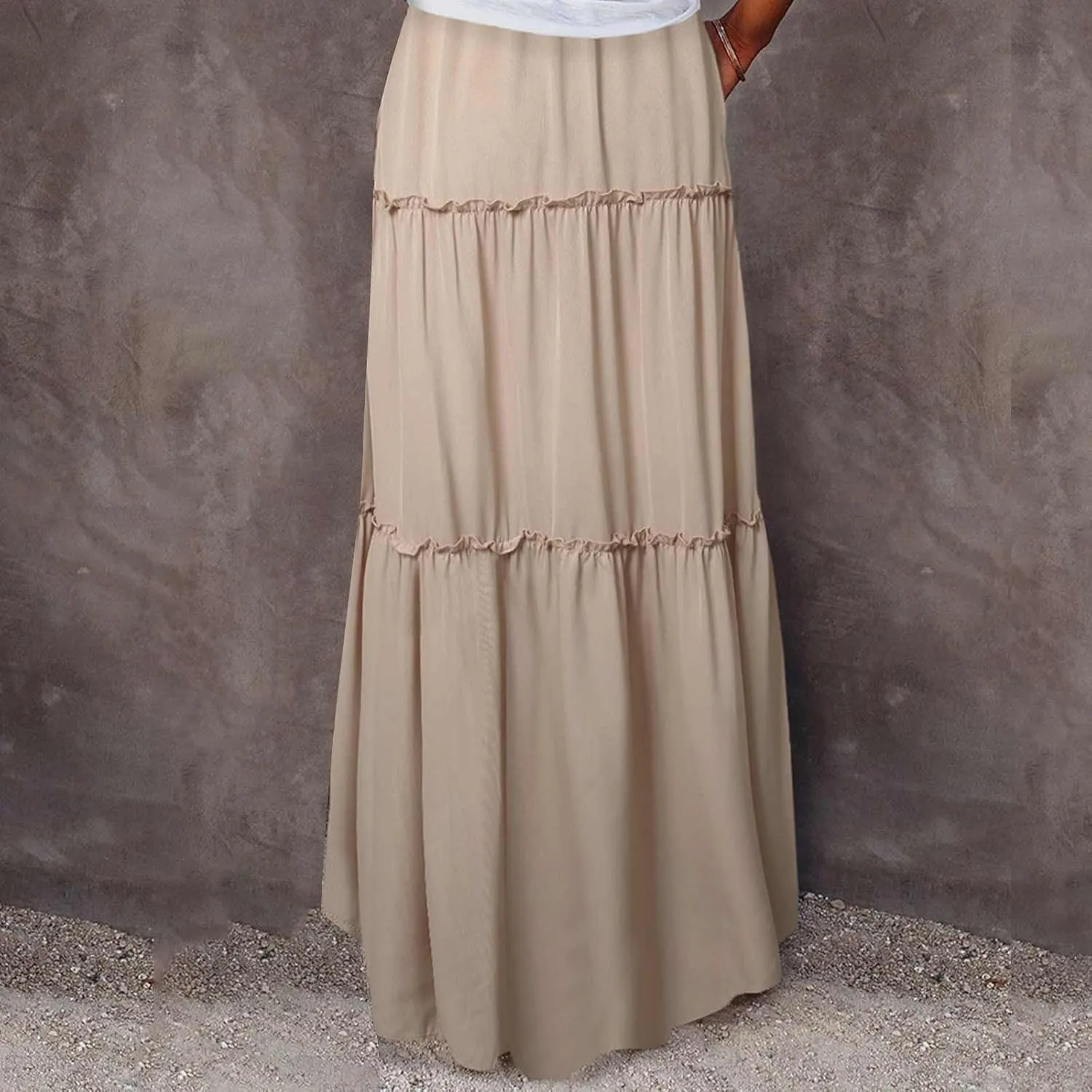 Women Flowy Layered Tiered Maxi Skirts Elastic High Waisted A Line Summer Beach Skirt Plus Size Stretch Dress