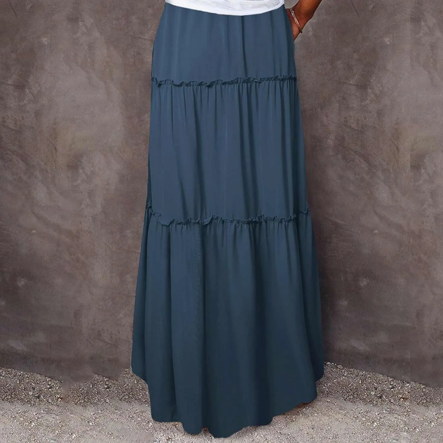Women Flowy Layered Tiered Maxi Skirts Elastic High Waisted A Line Summer Beach Skirt Plus Size Stretch Dress