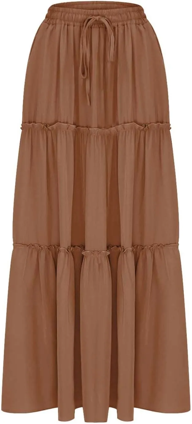 Women Flowy Layered Tiered Maxi Skirts Elastic High Waisted A Line Summer Beach Skirt Plus Size Stretch Dress