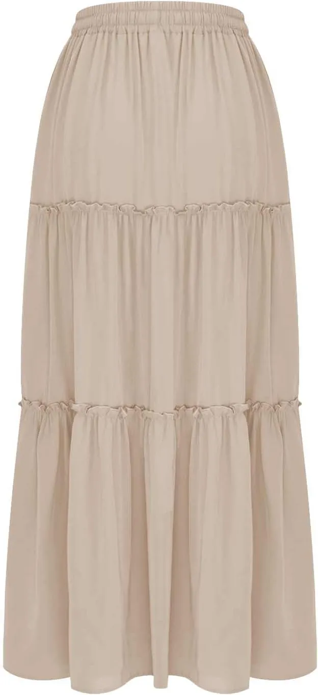 Women Flowy Layered Tiered Maxi Skirts Elastic High Waisted A Line Summer Beach Skirt Plus Size Stretch Dress