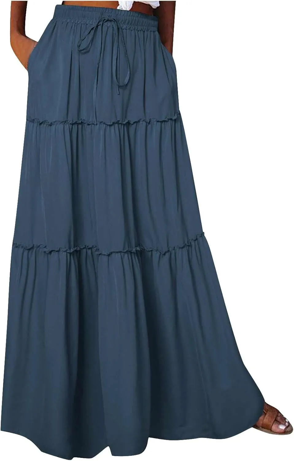 Women Flowy Layered Tiered Maxi Skirts Elastic High Waisted A Line Summer Beach Skirt Plus Size Stretch Dress