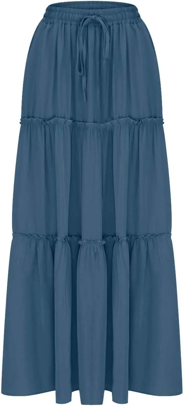 Women Flowy Layered Tiered Maxi Skirts Elastic High Waisted A Line Summer Beach Skirt Plus Size Stretch Dress