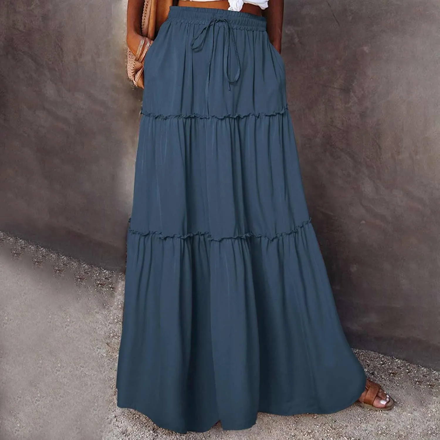 Women Flowy Layered Tiered Maxi Skirts Elastic High Waisted A Line Summer Beach Skirt Plus Size Stretch Dress
