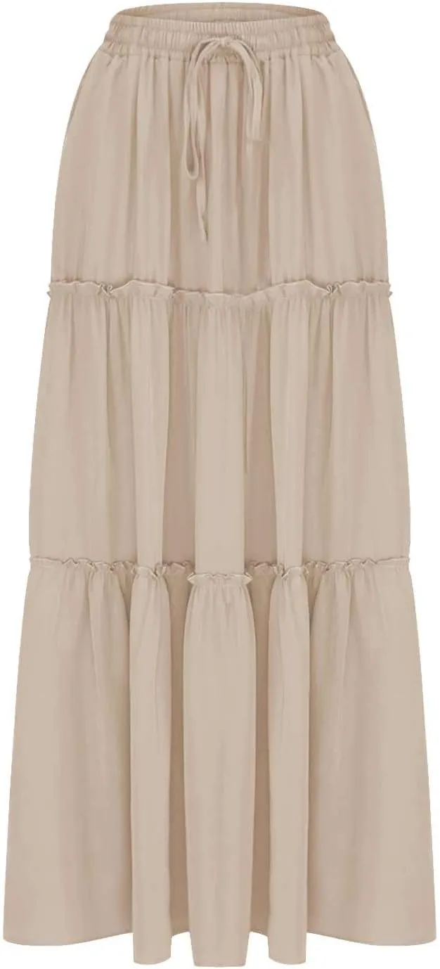 Women Flowy Layered Tiered Maxi Skirts Elastic High Waisted A Line Summer Beach Skirt Plus Size Stretch Dress