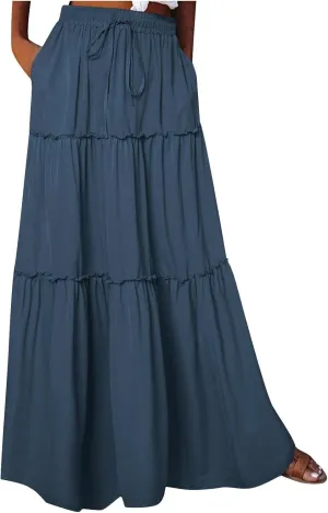 Women Flowy Layered Tiered Maxi Skirts Elastic High Waisted A Line Summer Beach Skirt Plus Size Stretch Dress