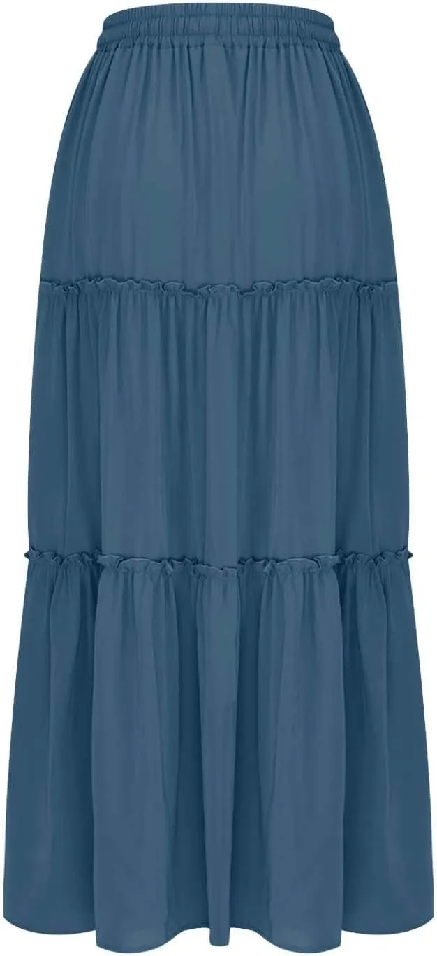 Women Flowy Layered Tiered Maxi Skirts Elastic High Waisted A Line Summer Beach Skirt Plus Size Stretch Dress