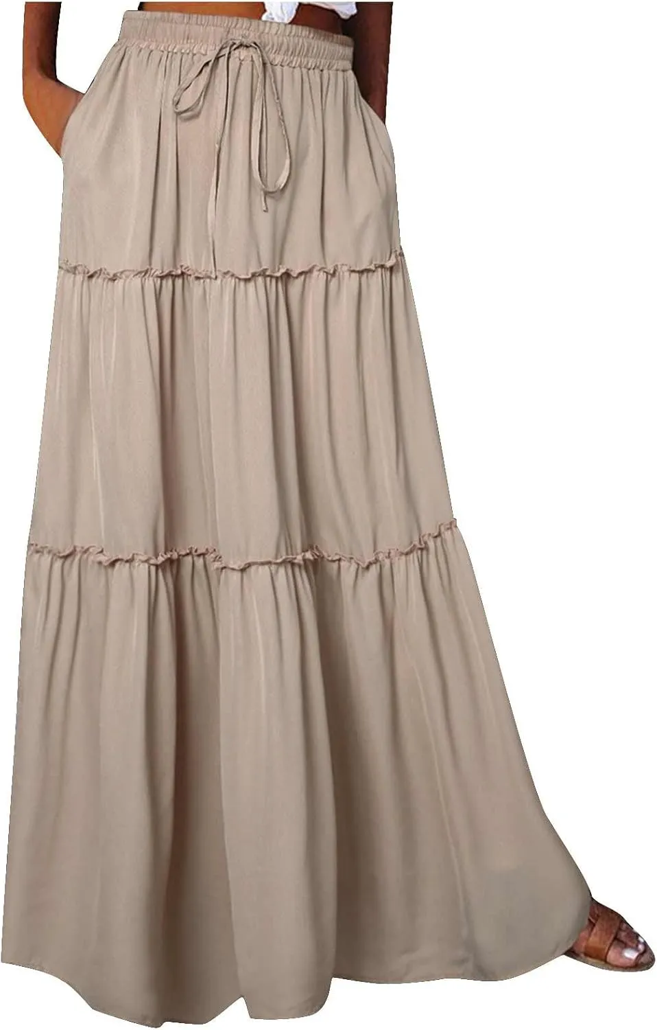 Women Flowy Layered Tiered Maxi Skirts Elastic High Waisted A Line Summer Beach Skirt Plus Size Stretch Dress