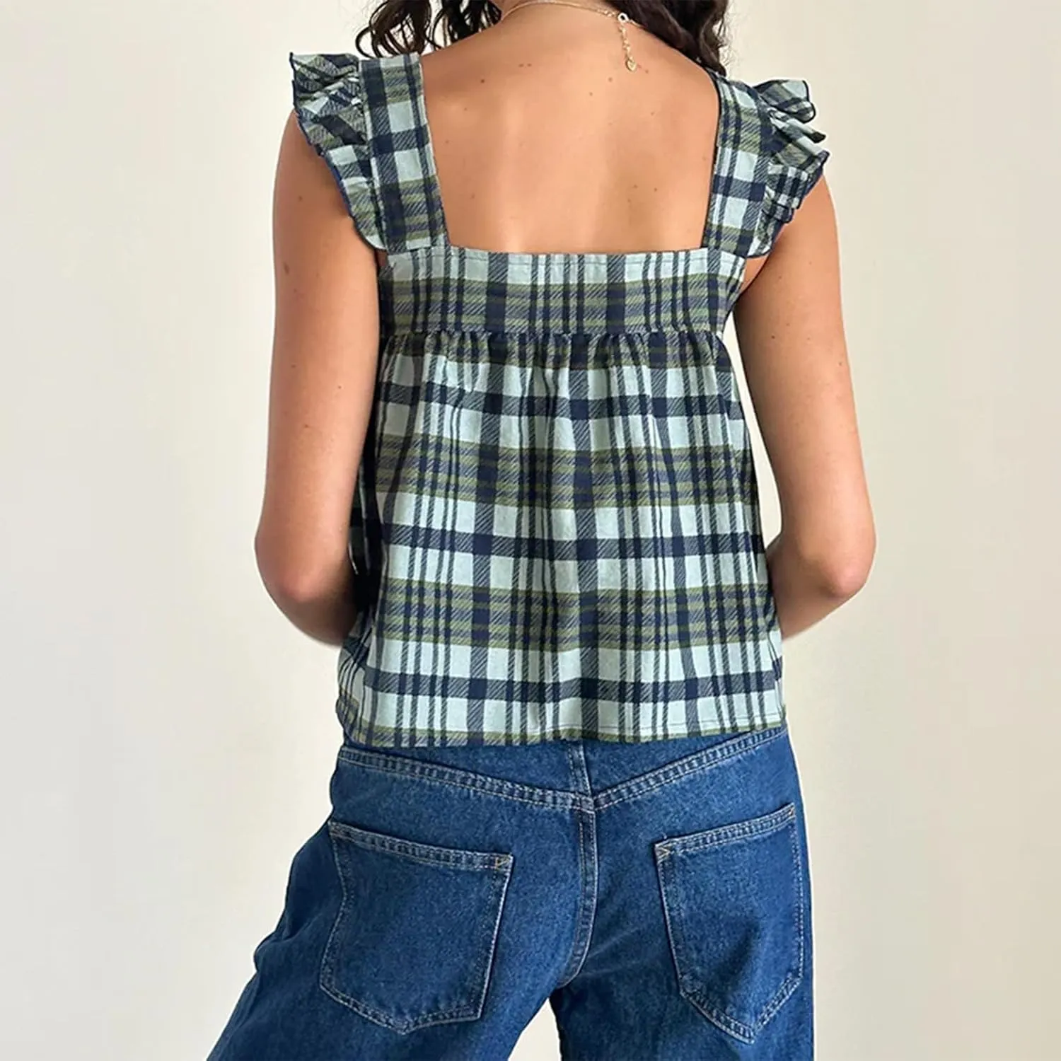 Women Gingham Babydoll Tank Top Cute Ruffle Flutter Sleeve Strap Peplum Shirt Y2K Square Neck Flowy Crop Cami Top
