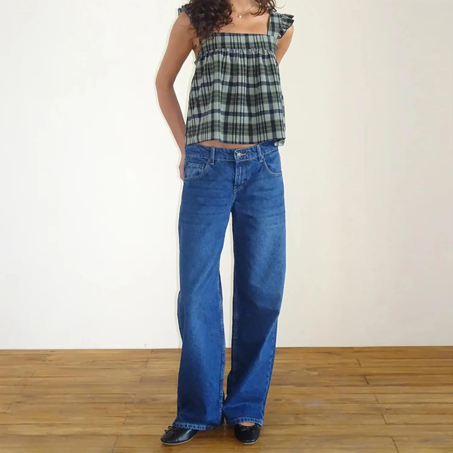 Women Gingham Babydoll Tank Top Cute Ruffle Flutter Sleeve Strap Peplum Shirt Y2K Square Neck Flowy Crop Cami Top