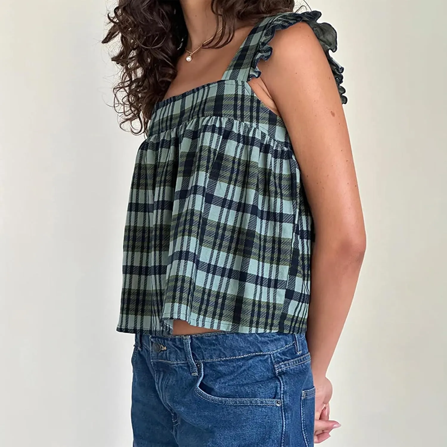 Women Gingham Babydoll Tank Top Cute Ruffle Flutter Sleeve Strap Peplum Shirt Y2K Square Neck Flowy Crop Cami Top