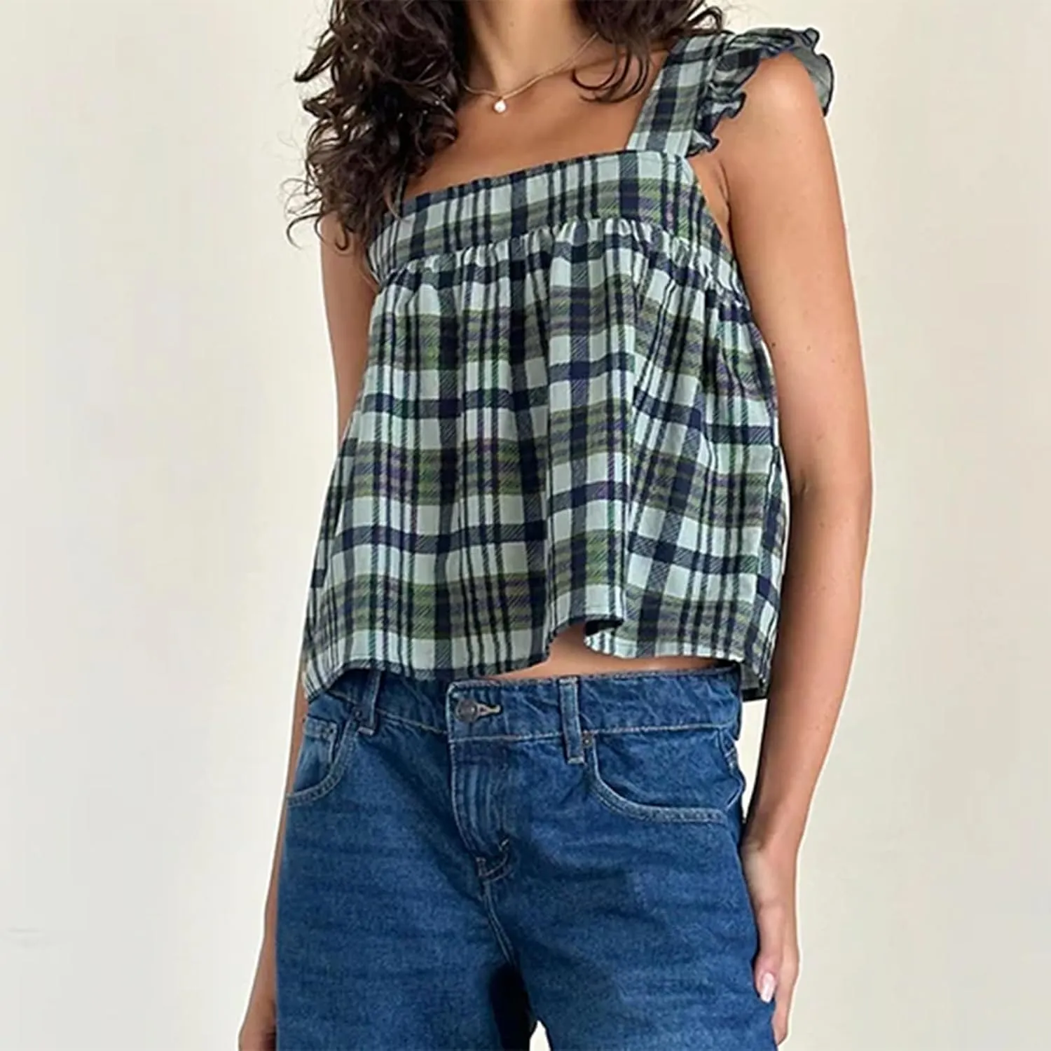 Women Gingham Babydoll Tank Top Cute Ruffle Flutter Sleeve Strap Peplum Shirt Y2K Square Neck Flowy Crop Cami Top
