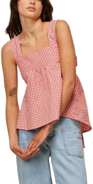 Women Gingham Tank Top Y2K Tie Back Peplum Tank Vintage Plaid Half Backless Sleeveless Babydoll Blouse Going Out Tops