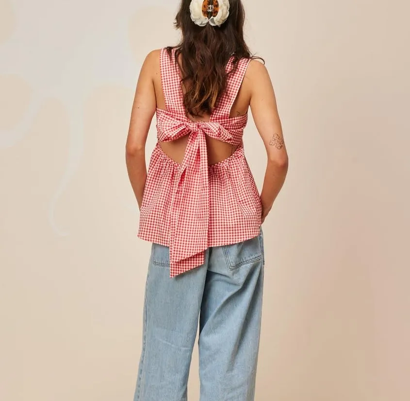 Women Gingham Tank Top Y2K Tie Back Peplum Tank Vintage Plaid Half Backless Sleeveless Babydoll Blouse Going Out Tops