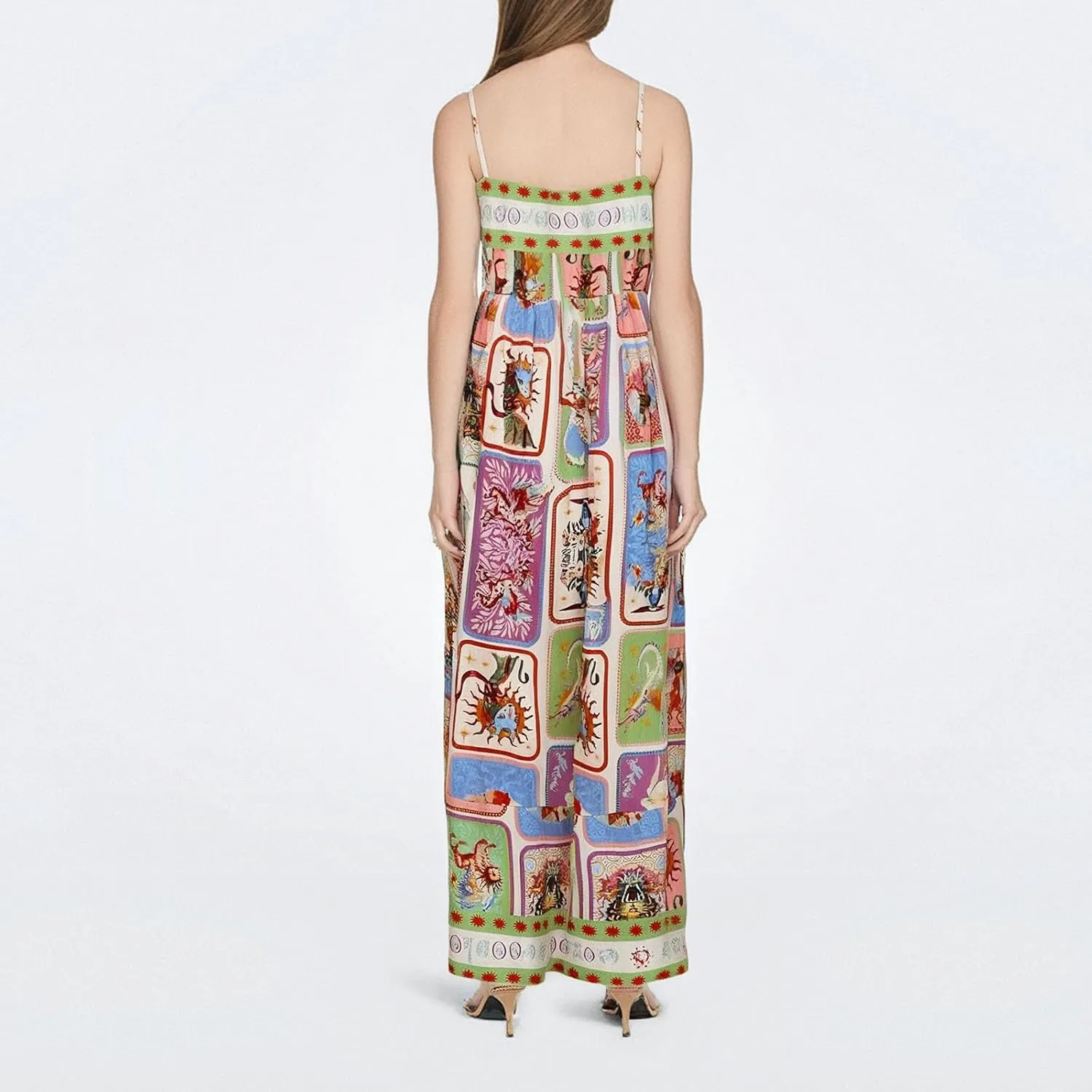 Women Graffiti Spaghetti Strap Sleeveless Dresses Casual Elegant Printed Halters Long Dress Flowing Boho Sundress