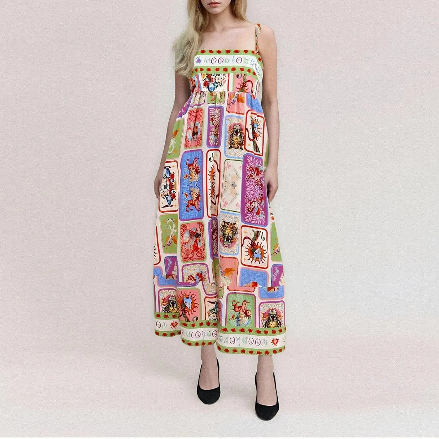 Women Graffiti Spaghetti Strap Sleeveless Dresses Casual Elegant Printed Halters Long Dress Flowing Boho Sundress